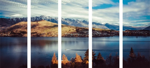 5-dielny obraz zapadajúce slnko nad jazerom
