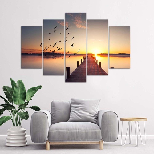 Obraz na plátně pětidílný Lávka Ptáci Západ slunce