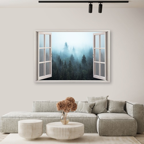 Obraz na plátně, Okno Zobrazit les v mlze přírody