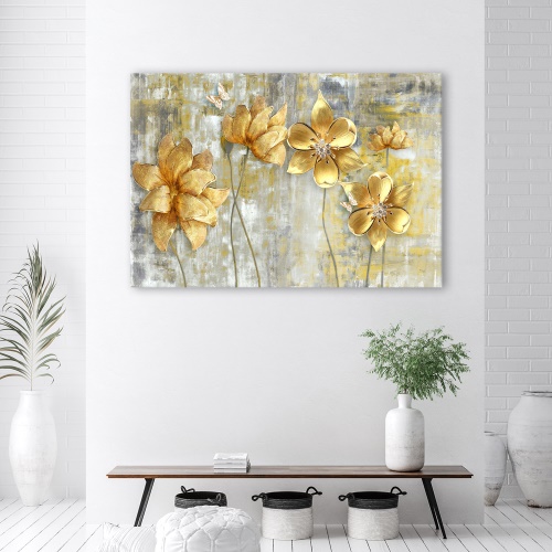 Obraz na plátně, Zlaté květiny a motýli