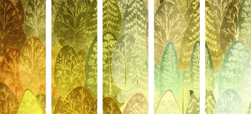 5-dielny obraz zaujímavé zelené asymetrické stromy
