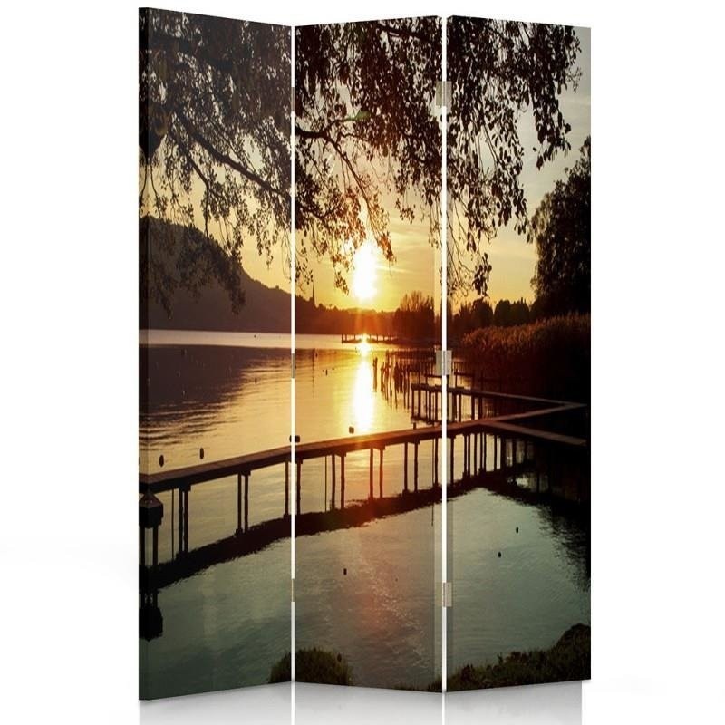 Ozdobný paraván Jezero Footbridge Lake - 110x170 cm, trojdielny, klasický paraván