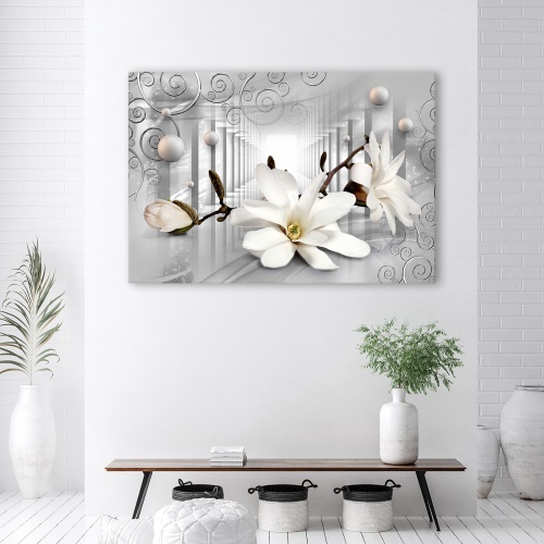 Obraz na plátně, Květiny v tunelu a stříbrných 3D koulích