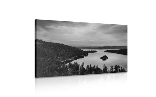 Obraz jazero pri západe slnka v čiernobielom prevedení