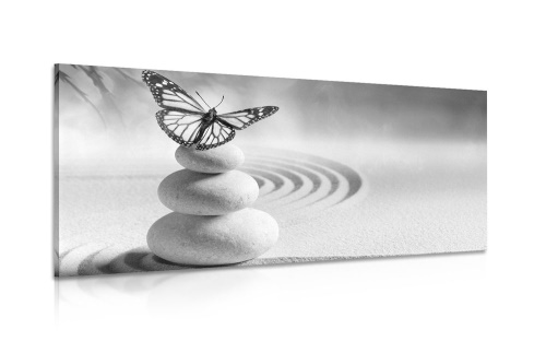 Obraz rovnováha kameňov a motýľ v čiernobielom prevedení