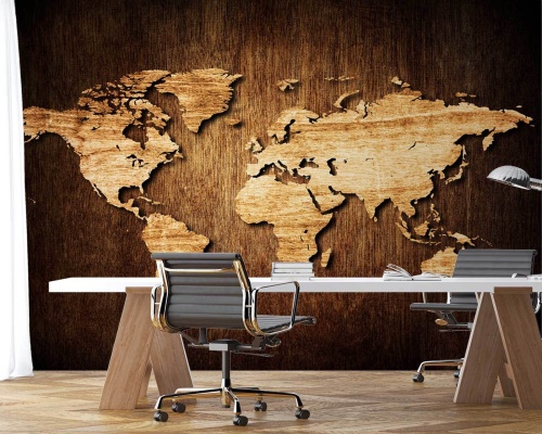 Fototapeta, Mapa světa na dřevě