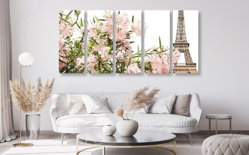 5-dielny obraz Eiffelova veža a ružové kvety