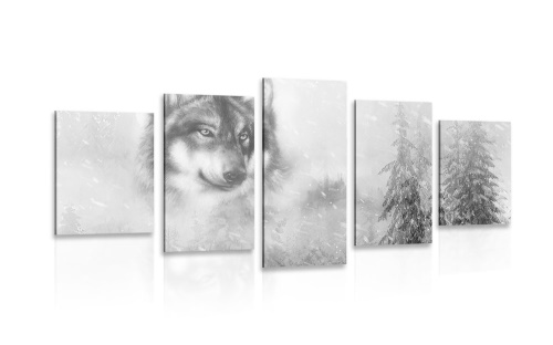 5-dielny obraz vlk v zasneženej krajine v čiernobielom prevedení