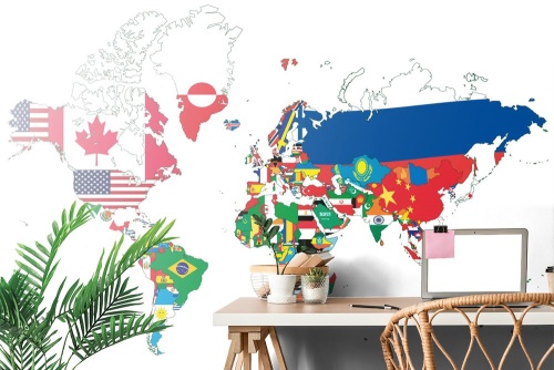 Samolepiaca tapeta mapa sveta s vlajkami s bielym pozadím