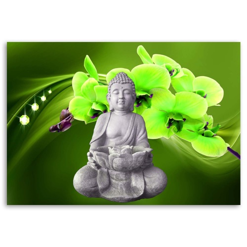 Obraz na plátně Sedící Buddha Zelený květ