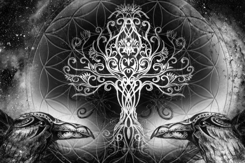 Obraz havrany a strom života v čiernobielom prevedení