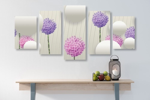 5-dielny obraz zaujímavé kvety s abstraktnými prvkami a vzormi