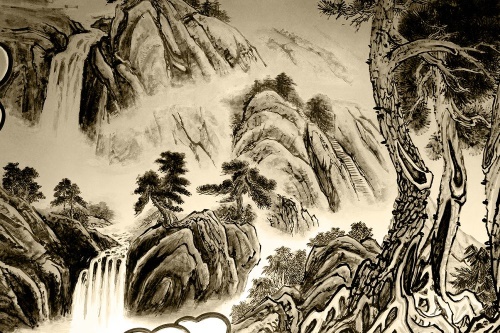Samolepiaca tapeta čínska sépiová krajinomaľba