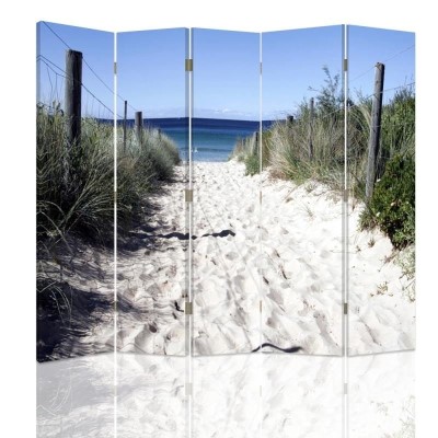 Ozdobný paraván Písečná tráva na mořské pláži - 180x170 cm, päťdielny, obojstranný paraván 360°