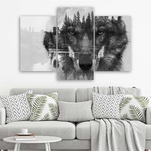 Obraz na plátně třídílný Wolf Forest černá a bílá