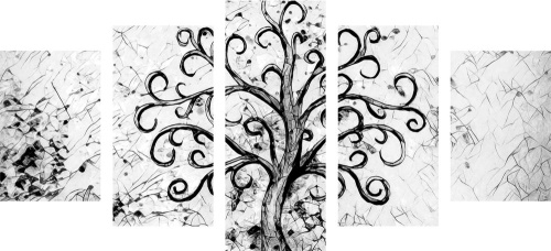 5-dielny obraz symbol stromu života v čiernobielom prevedení
