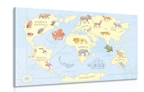 Obraz mapa sveta so zvieratami