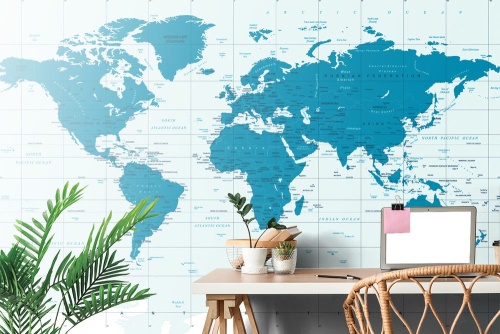 Samolepiaca tapeta politická mapa sveta v modrej farbe