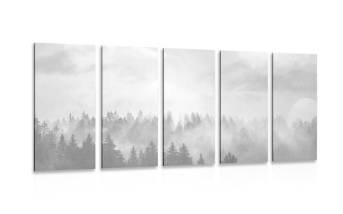 5-dielny obraz hmla nad lesom v čiernobielom prevedení