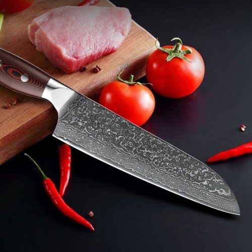 KnifeBoss kuchářský damaškový nůž Santoku 7.5" (190 mm) Black & Red VG-10