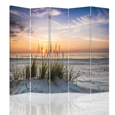 Ozdobný paraván Západ slunce na mořské pláži - 180x170 cm, päťdielny, obojstranný paraván 360°