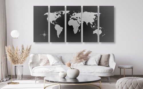 5-dielny obraz mapa sveta v odtieňoch sivej