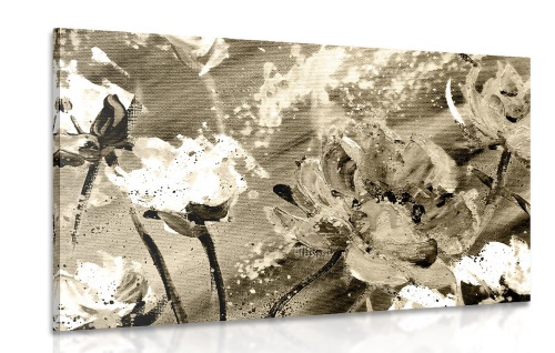 Obraz maľované kvety v sépiovom prevedení