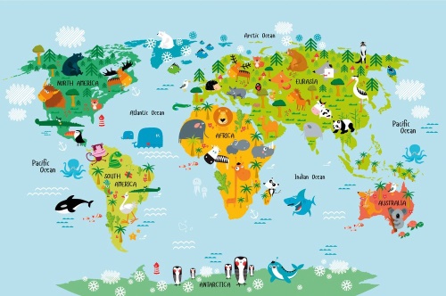 Samolepiaca tapeta detská mapa sveta so zvieratkami