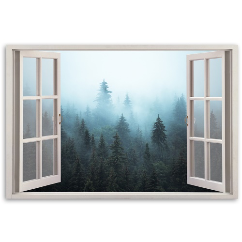 Obraz na plátně, Okno Zobrazit les v mlze přírody