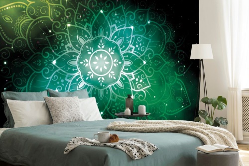 Samolepiaca tapeta zelená Mandala s galaktickým pozadím