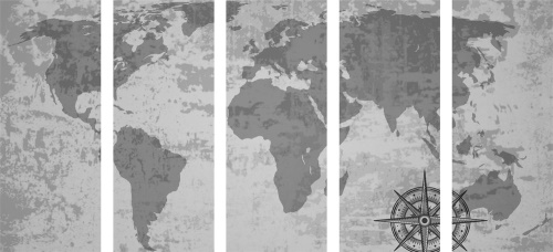 5-dielny obraz stará mapa sveta s kompasom v čiernobielom prevedení