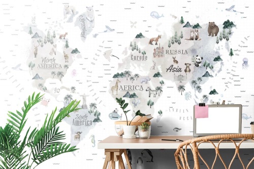 Samolepiaca tapeta minimalistická mapa so zvieratkami