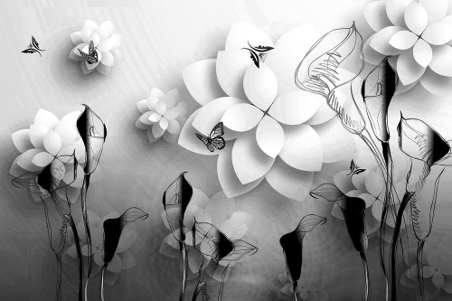 Samolepiaca tapeta čiernobiele abstraktné kvety