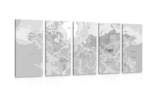 5-dielny obraz klasická mapa sveta v čiernobielom prevedení