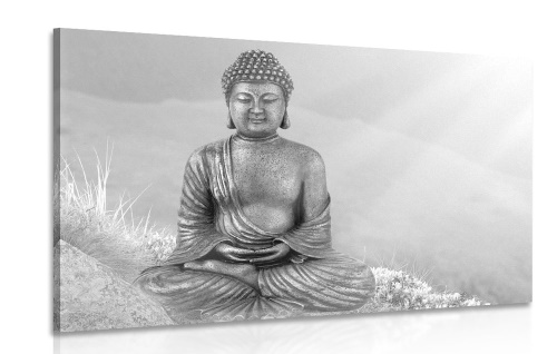 Obraz socha Budhu v meditujúcej polohe v čiernobielom prevedení