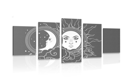 5-dielny obraz čiernobiela harmónia slnka a mesiaca
