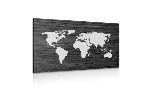 Obraz mapa sveta na dreve v čiernobielom prevedení