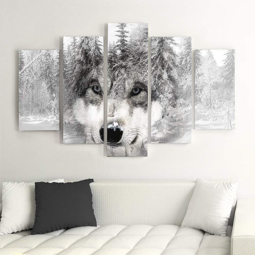 Obraz na plátně pětidílný Vlčí lesní zvíře šedé
