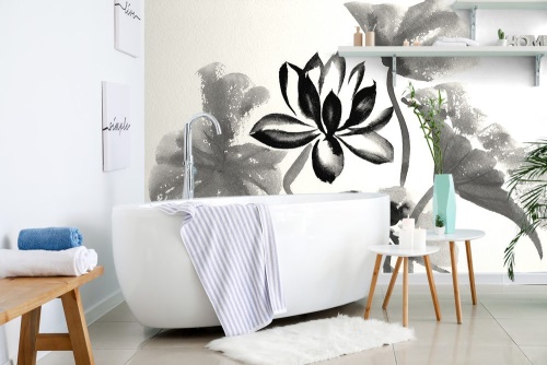 Samolepiaca tapeta akvarelový čiernobiely lotosový kvet