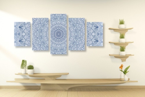5-dielny obraz detailná ozdobná Mandala v modrej farbe