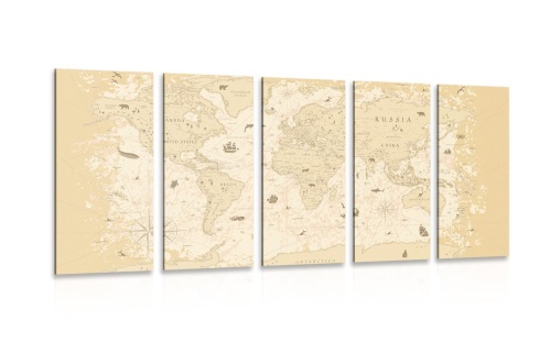 5-dielny obraz mapa v béžovom prevedení