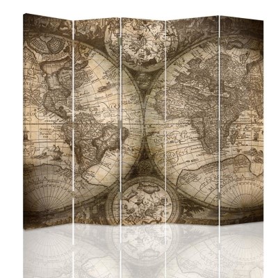 Ozdobný paraván, Starožitná mapa světa - 180x170 cm, päťdielny, klasický paraván