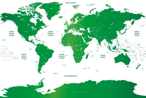 Samolepiaca tapeta mapa sveta s jednotlivými štátmi v zelenej farbe