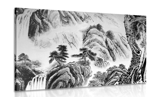 Obraz čínska krajinomaľba v čiernobielom prevedení
