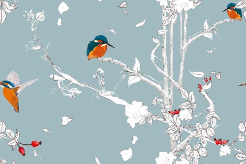 Samolepiaca tapeta vtáčiky v hustom lese s modrým pozadím - 75x1000 cm