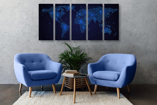 5-dielny obraz mapa sveta s nočnou oblohou